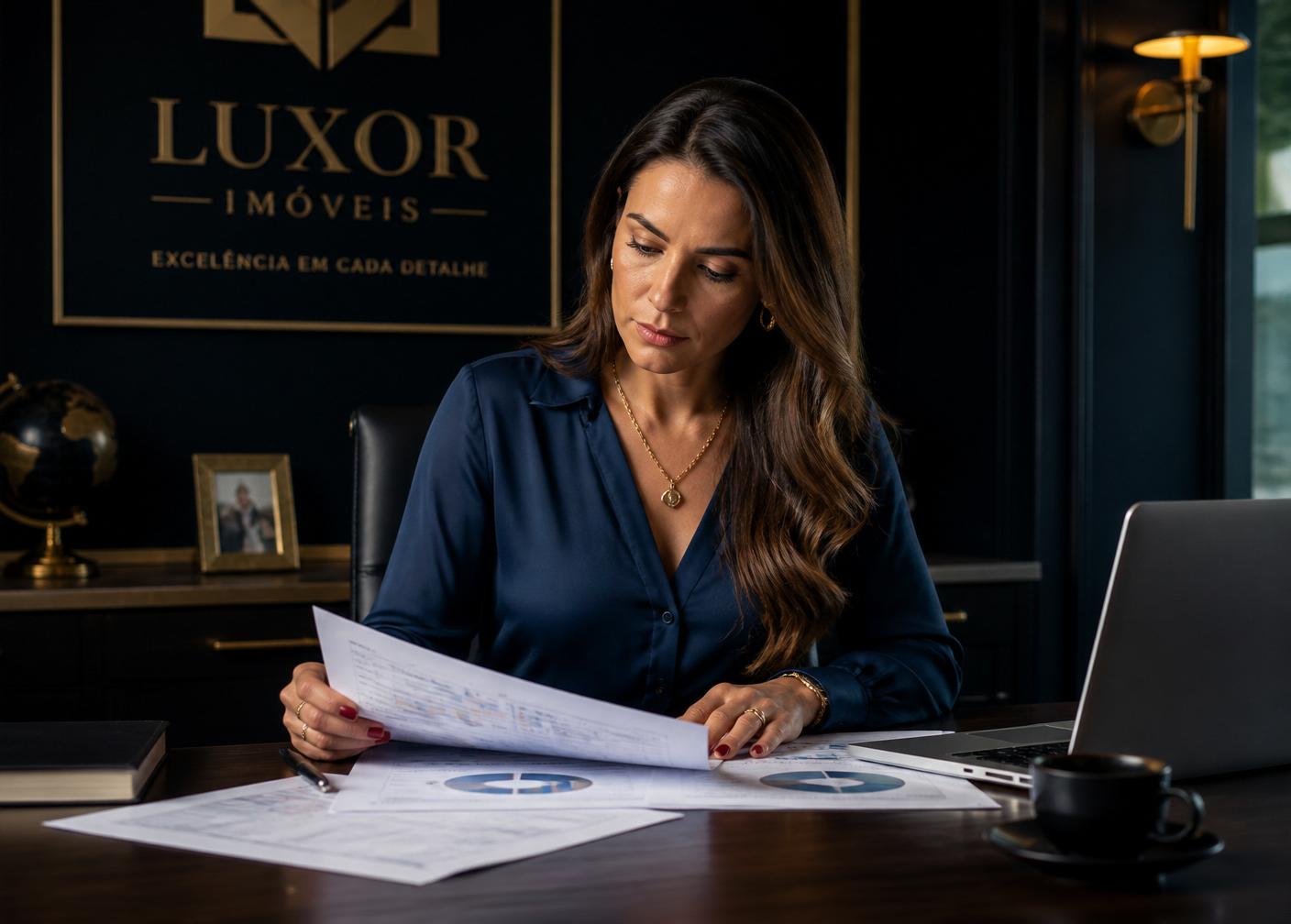 Executiva analisando indicadores financeiros de imobiliária